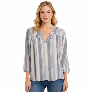 Splendid Tunic Blouse Womens Large Multicolor Striped V Neck 3/4 Sleeve Top